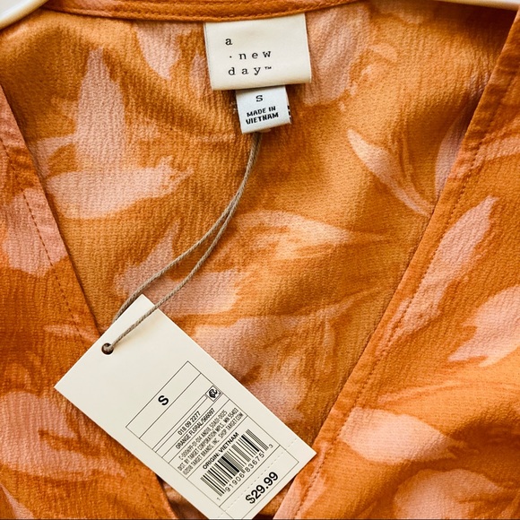 New Women's Floral Print Ruffle Short Sleeve Wrap Dress - Orange Small - Picture 4 of 4